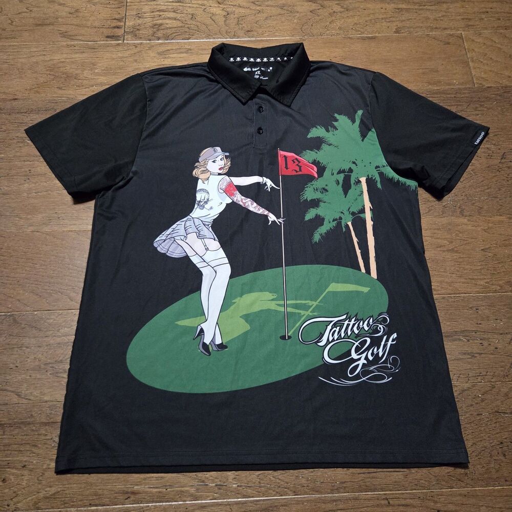 Tattoo Golf Mens XL Polo Pin Up Series Graphic Black Pinup Tattooed Girl Shirt